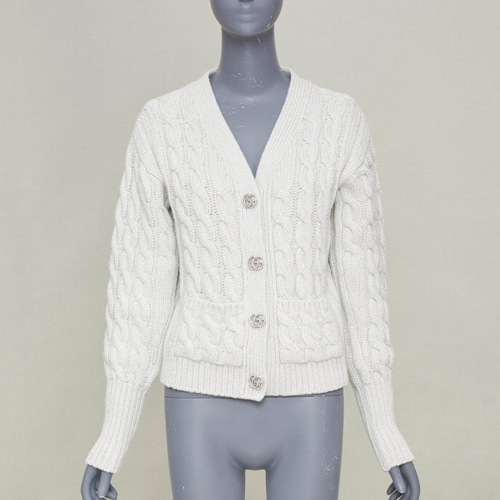 GUCCI 2024 Runway grey lurex metallic cable knit wool cashmere cardigan XS
