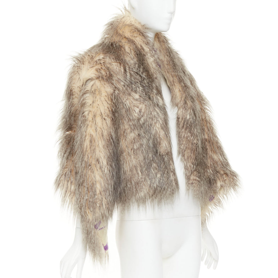 PRADA Raf Simons 2021 Runway brown fur purple floral jacquard clutch shawl IT38