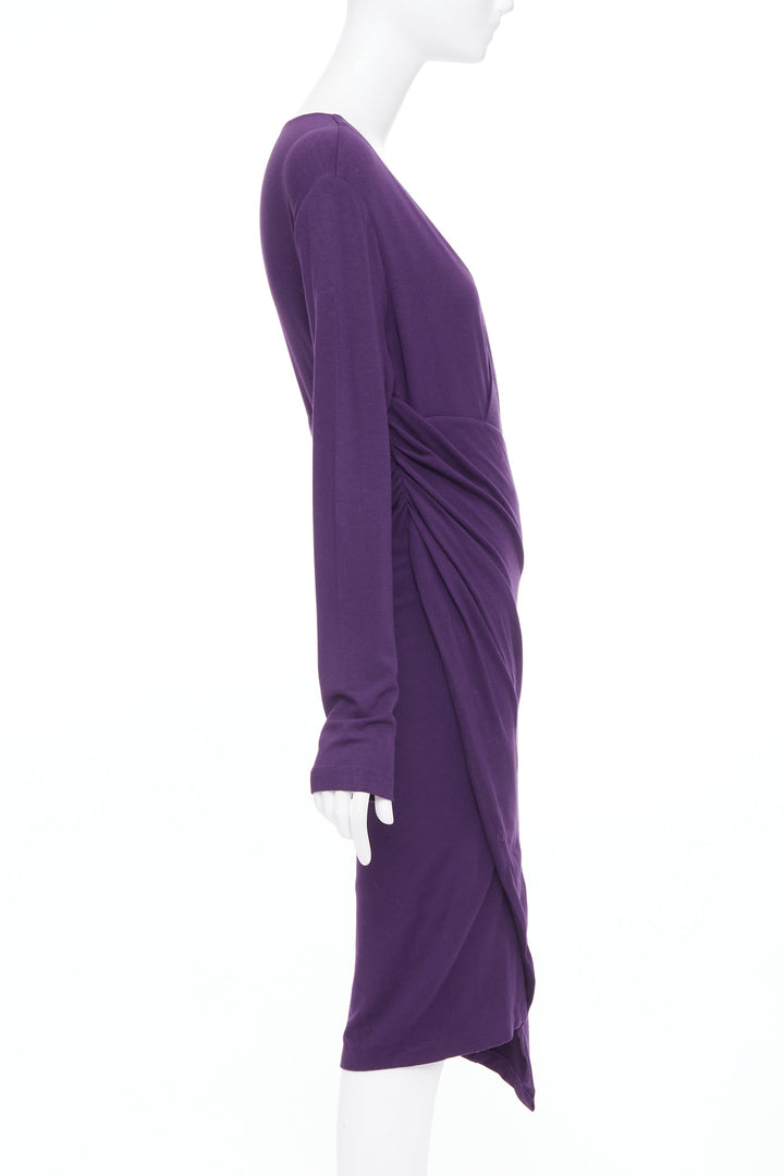 DONNA KARAN Surplice Neck Wrap purple jersey V neck drape dress L