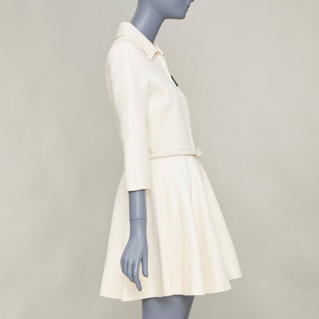 CHRISTIAN DIOR 2019 ivory wool silk zip front belted flared mini dress FR36 S
