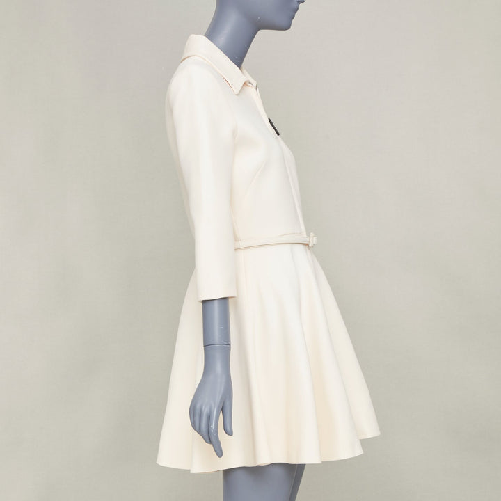 CHRISTIAN DIOR 2019 ivory wool silk zip front belted flared mini dress FR36 S