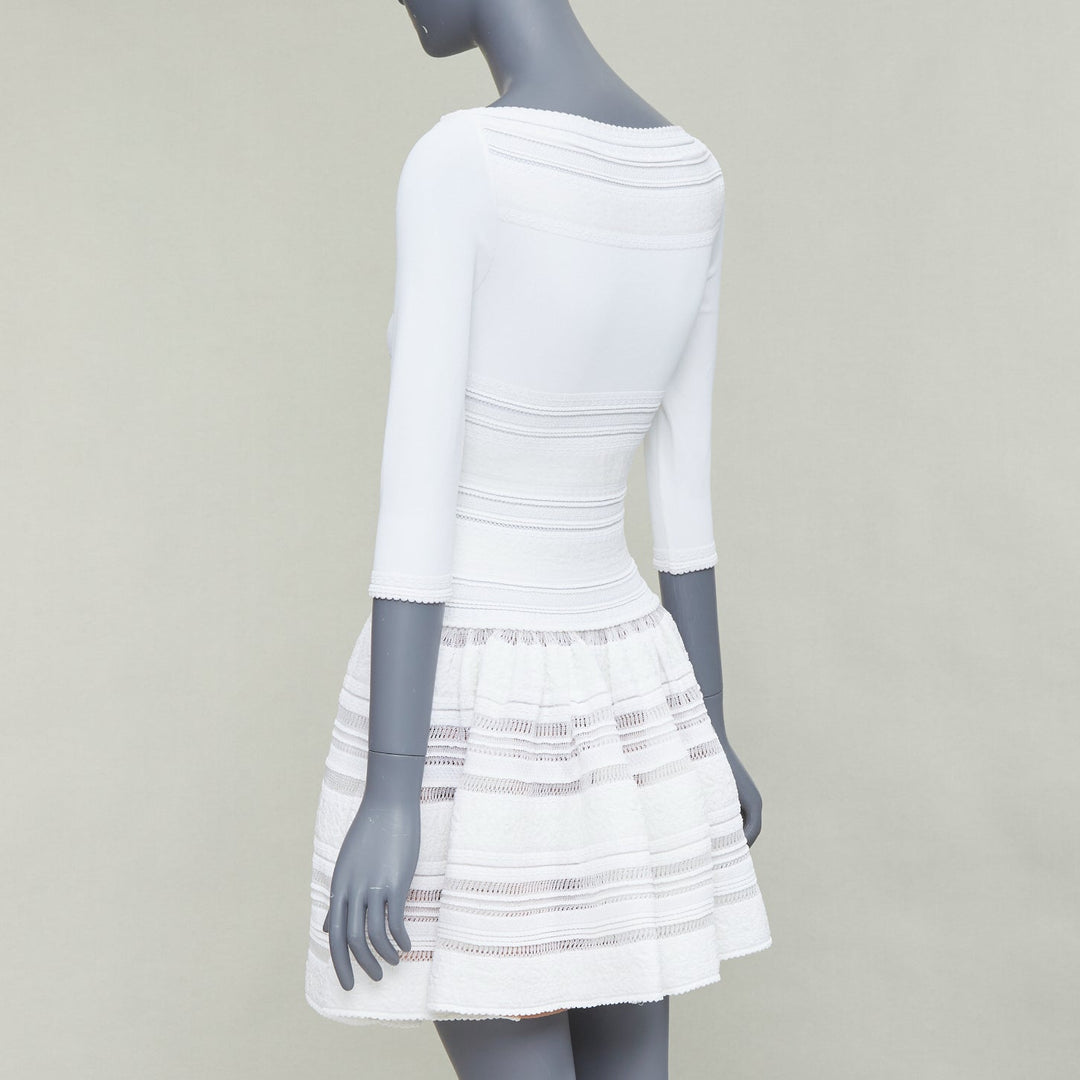 ALAIA cream viscose blend cropped sleeve bateau neck fit flare dress FR36 S