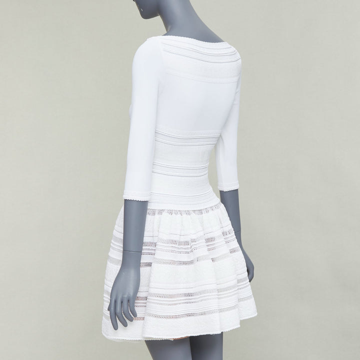 ALAIA cream viscose blend cropped sleeve bateau neck fit flare dress FR36 S