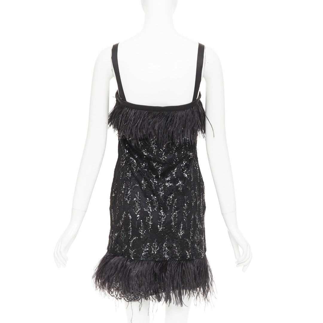 rare PRADA 2014 black sequinned lace ostrich feather strappy mini dress IT38 XS