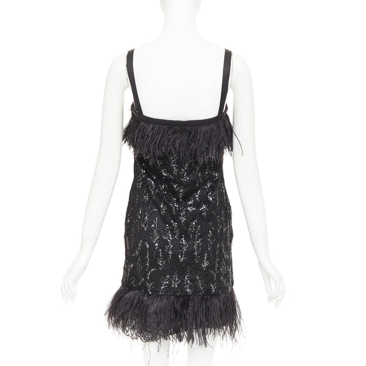 rare PRADA 2014 black sequinned lace ostrich feather strappy mini dress IT38 XS