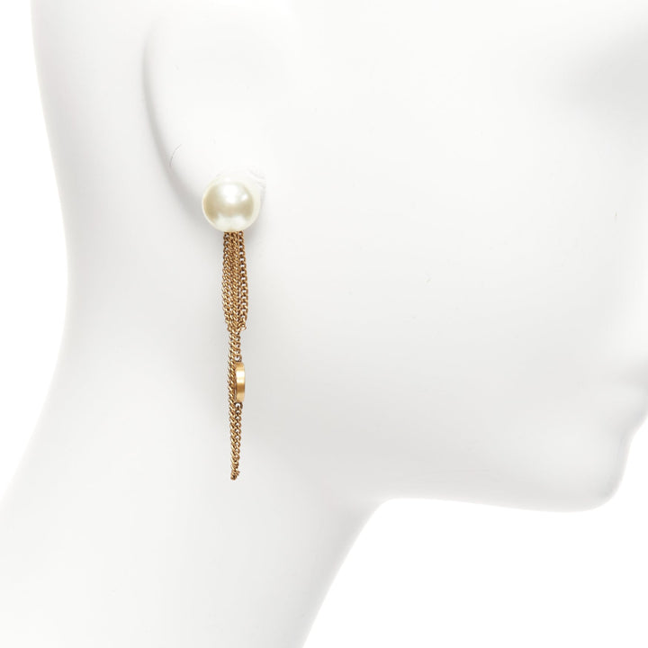 DIOR Tribales double pearls CD charm drop dangling chain pin earrings pair