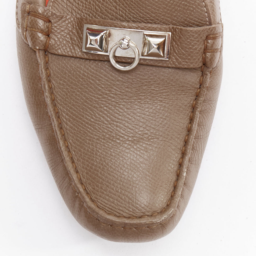 HERMES Irving stone taupe leather silver stud driving loafers EU35.5