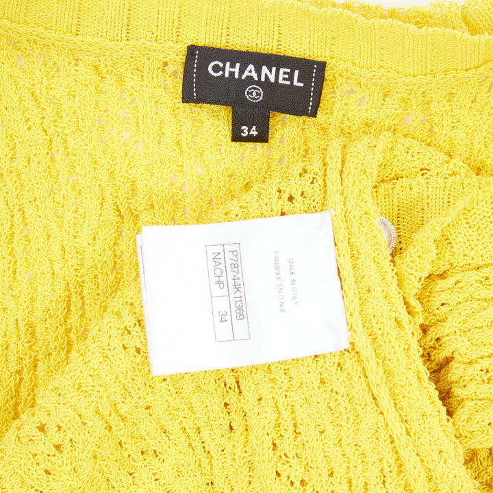 CHANEL 2025 marigold yellow openwork ruffle trim cotton vest cardigan FR34 XXS
