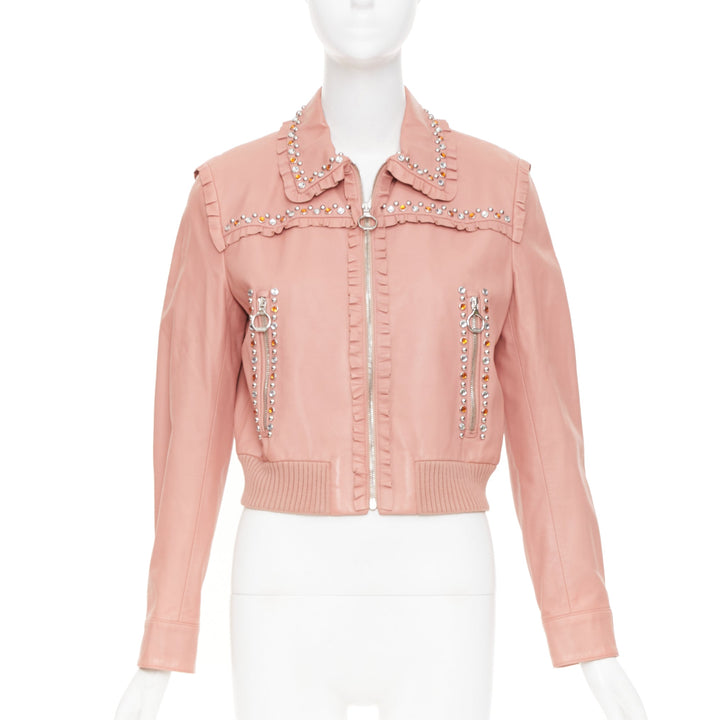 MIU MIU 2016 Runway ruffle studded crystal trim lambskin leather jacket IT42 M