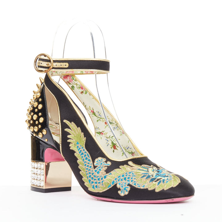 GUCCI 2017 Runway Caspar dragon embroidered spike ankle strap pump heels EU36