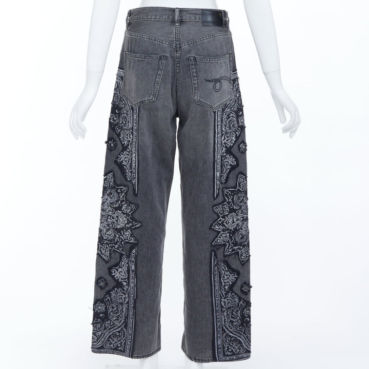 R13 2024 Venti black paisley raw hem drop crotch loose boyfriend jeans 23"