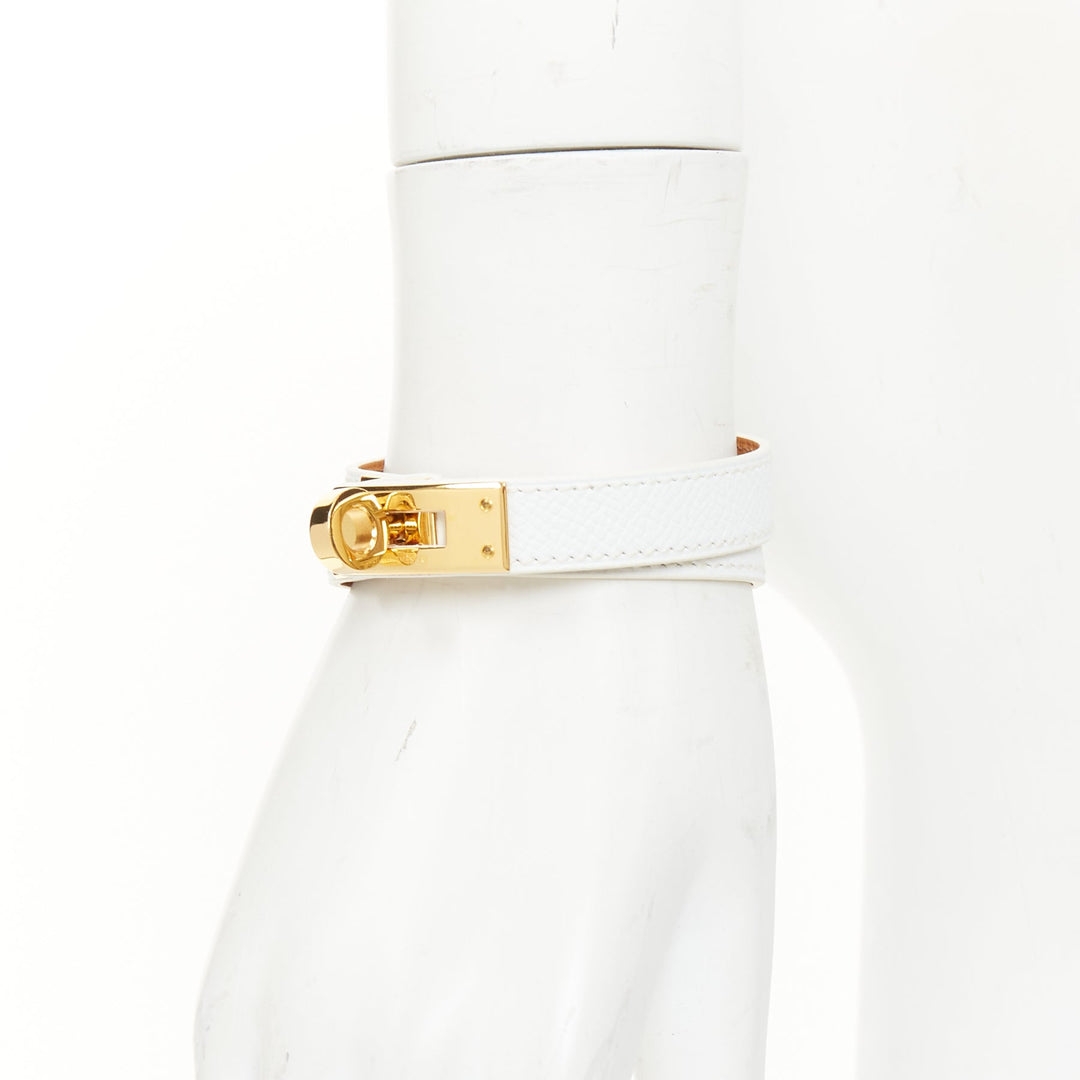 HERMES Kelly Double Tour white Epsom leather gold hardware wrap bracelet