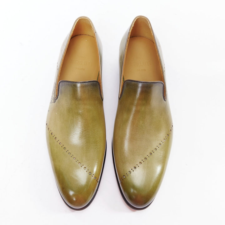 BERLUTI Cursive Galet Scritto green smooth leather script patina loafer UK8 EU42