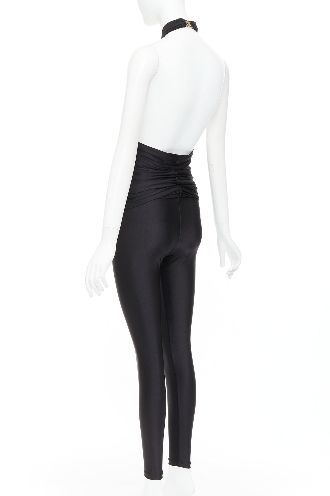 SAINT LAURENT 2022 Runway black gold metal brooch halter cutout jumpsuit Sz1 XS