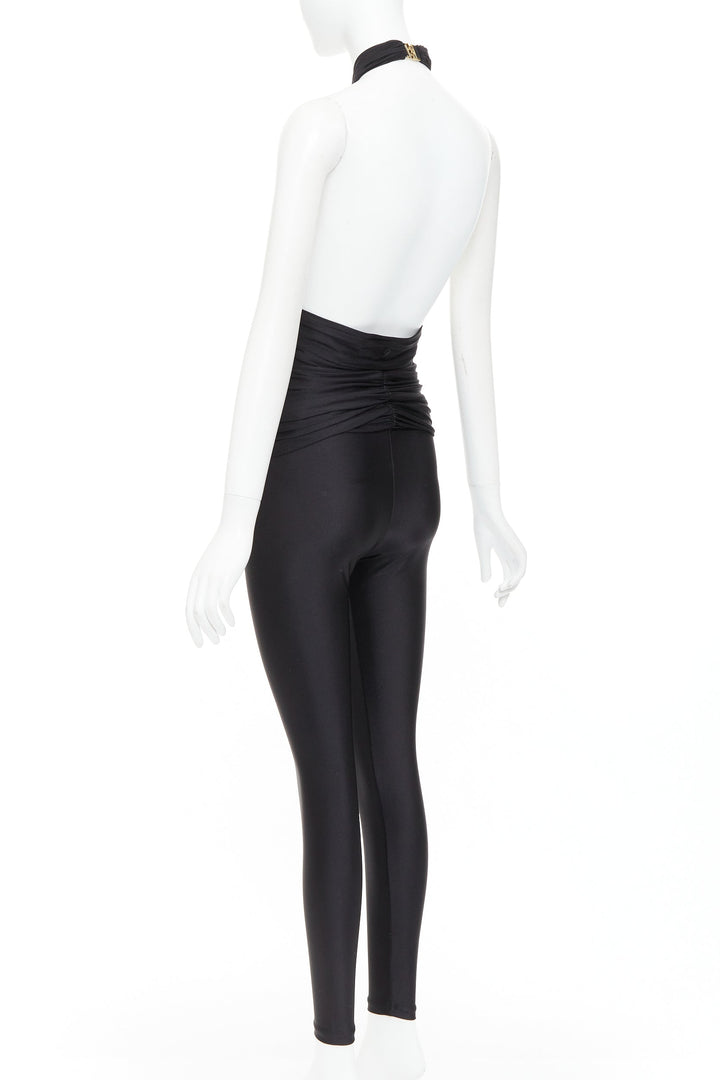 SAINT LAURENT 2022 Runway black gold metal brooch halter cutout jumpsuit Sz1 XS
