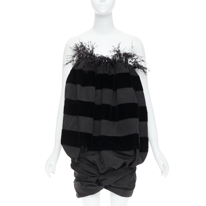 rare SAINT LAURENT 2021 Runway black feather velvet striped Le Pouf dress FR36 S