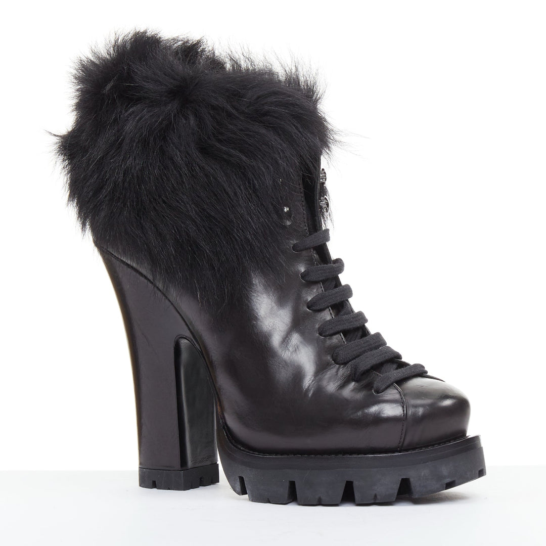 PRADA 2011 Calzature Donna black leather fur trim half wedged ankle boots EU