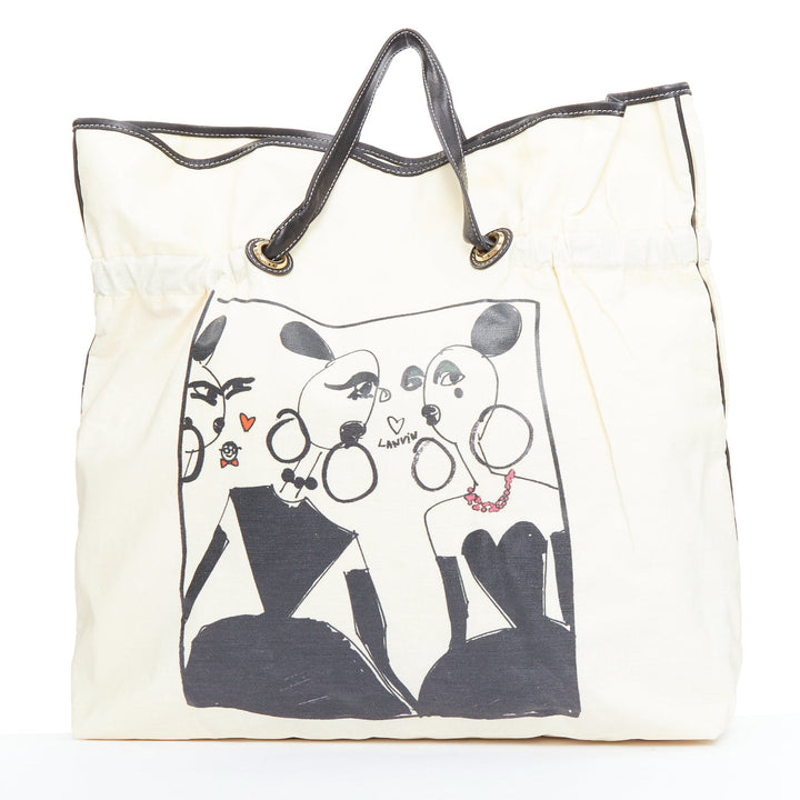 LANVIN 2008 beige coated canvas black drawstring cartoon print tote bag