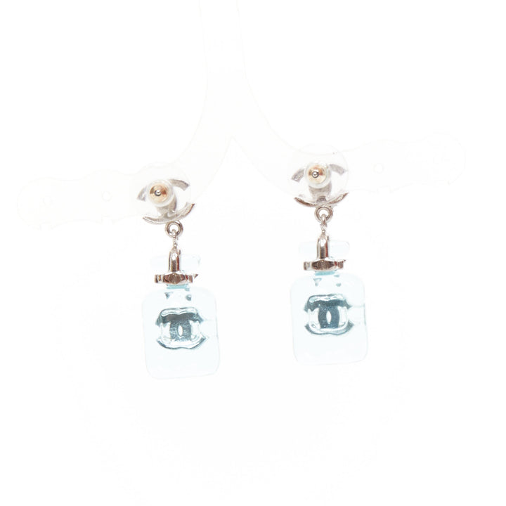 CHANEL B23S Cocomark blue acrylic perfume bottle CC logo star pin earrings Pair