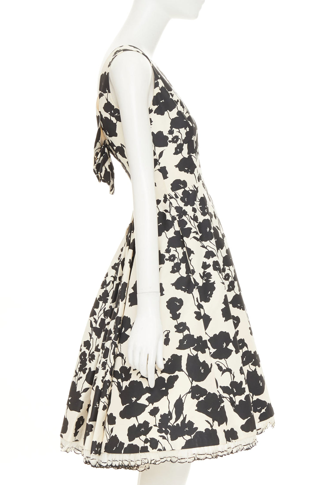 OSCAR DE LA RENTA R08  poppy floral black white silk feather hem dress US0 XXS