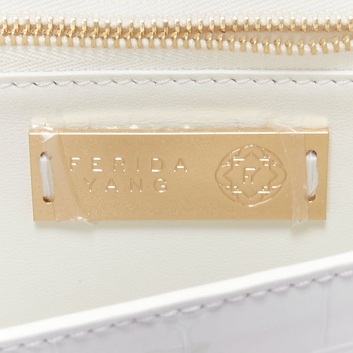 FERIDA YANG Bespoke white matte scaled leather gold buckle long flap clutch