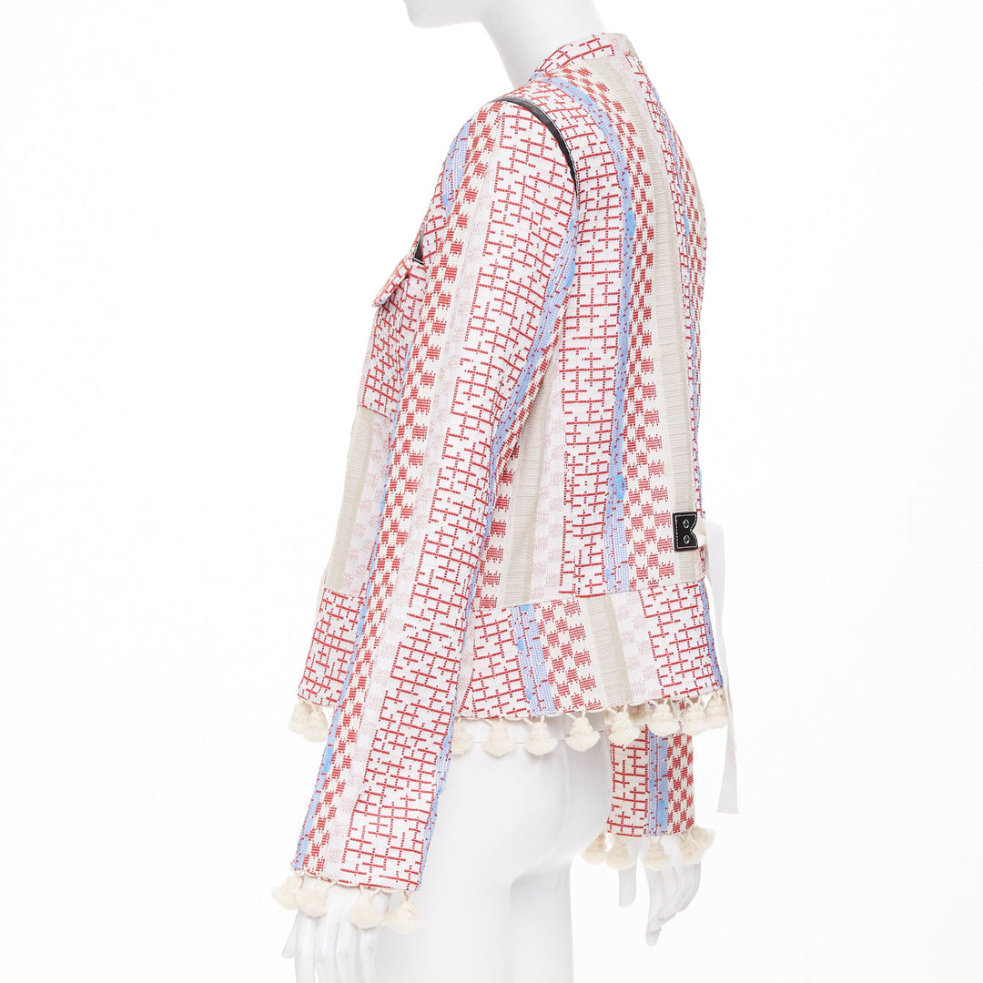 ALTUZARRA 2016 Runway Ghianda geometric check weave pompom jacket FR42 L