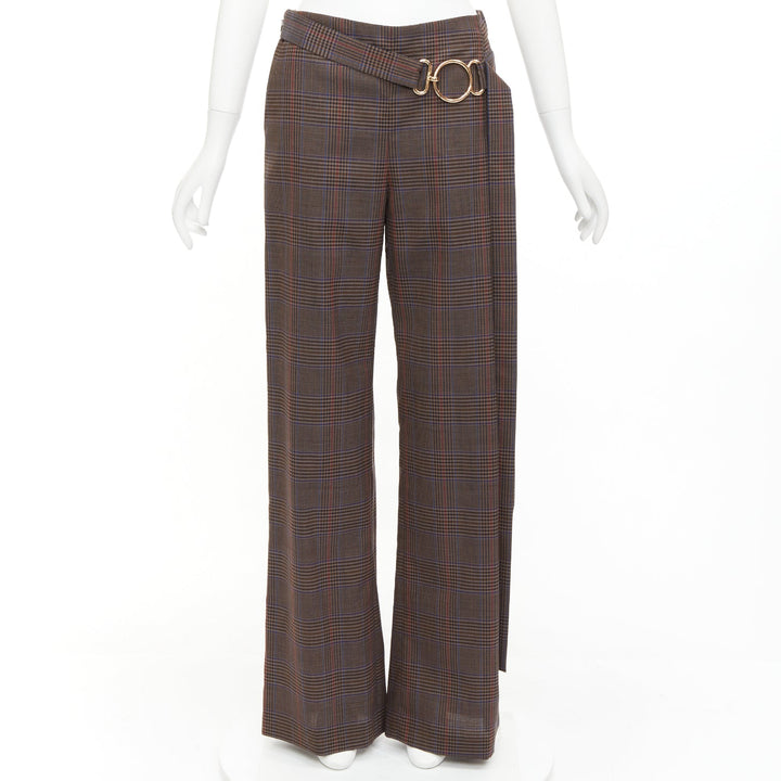 MONSE brown virgin wool checkered long gold belt wide leg pants US2 S