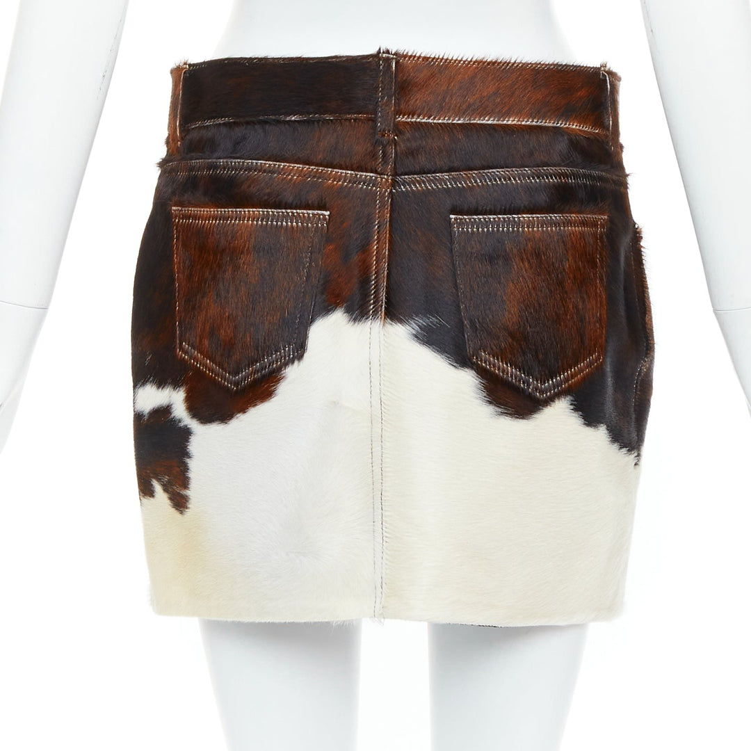 SAINT LAURENT 2018 brown white real calf hair silk lined mini skirt FR38 M