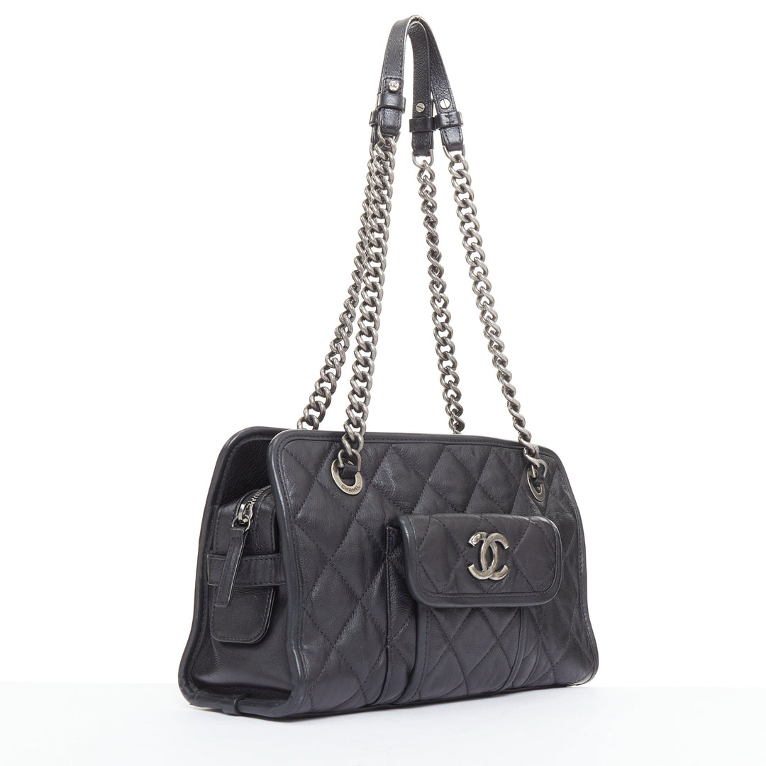 CHANEL Small Casual Riviera Zip black leather ruthenium CC chain shoulder bag