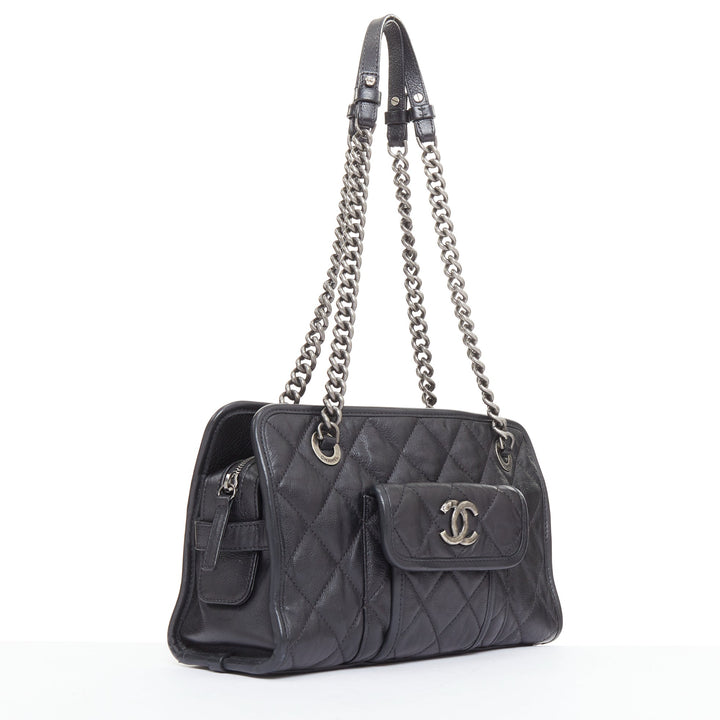 CHANEL Small Casual Riviera Zip black leather ruthenium CC chain shoulder bag