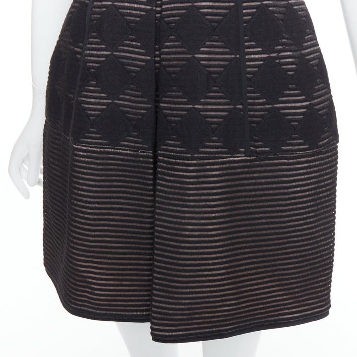 TIBI black diamond checkered embroidered stripe fit flared dress US4 S