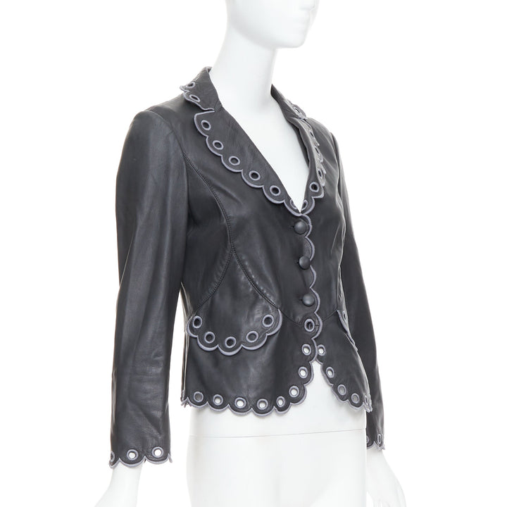 EMPORIO ARMANI 2009 black lambskin grey embroidered scalloped crop jacket IT40 S