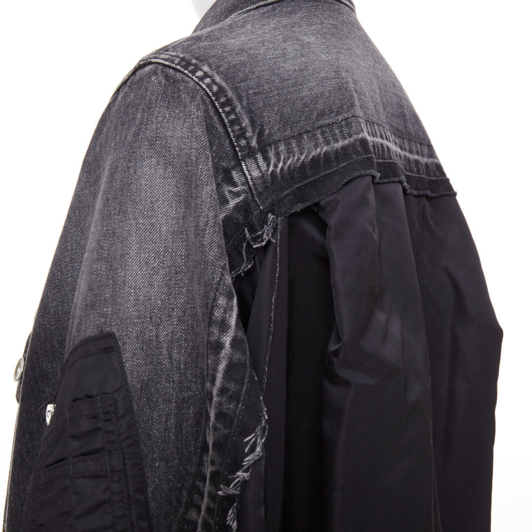 SACAI 2019 grey washed cotton blend denim black nylon hybrid jacket JP2 M