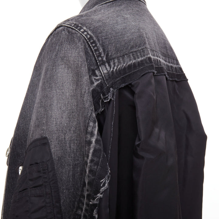 SACAI 2019 grey washed cotton blend denim black nylon hybrid jacket JP2 M