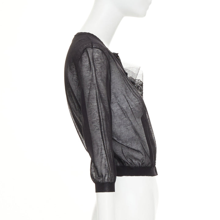 VALENTINO black cotton blend sheer knit oversized lace bow crop cardigan M