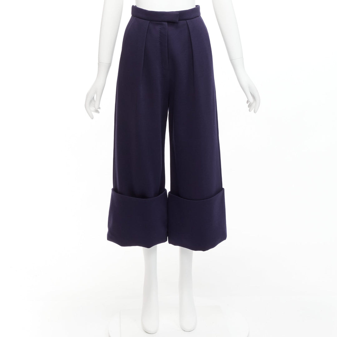DELPOZO navy viscose sailor style rolled cuffs cropped wide leg pants FR36 S