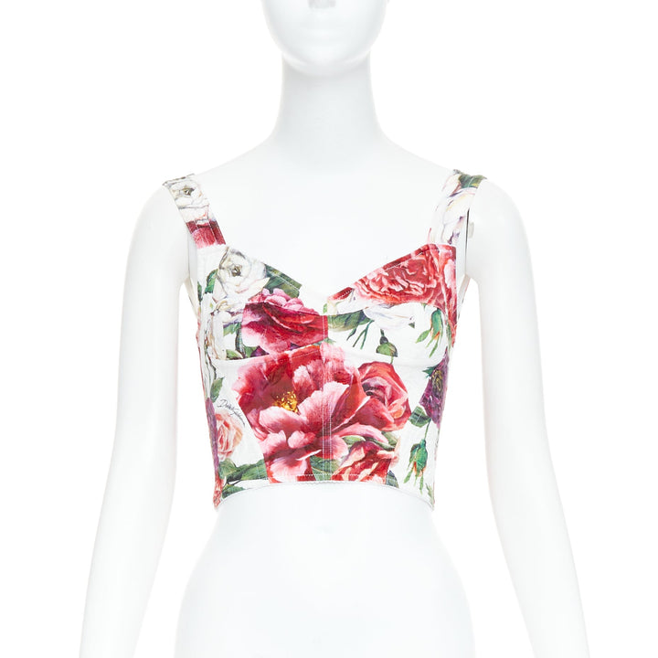 DOLCE GABBANA pink purple white rose print crop bustier top IT36 XS