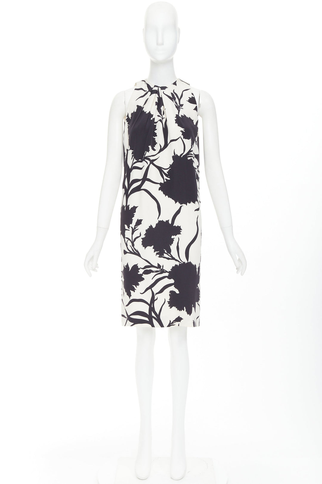 CHRISTIAN DIOR cream black 100% silk bold floral print ruched neck dress FR36 S