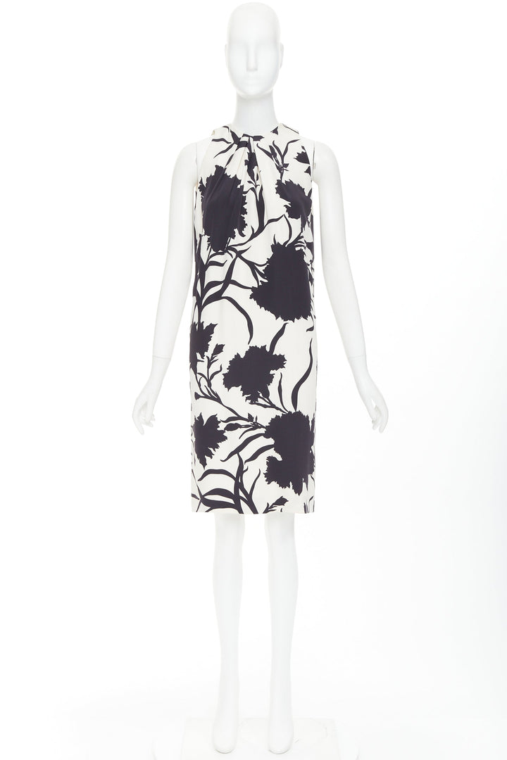 CHRISTIAN DIOR cream black 100% silk bold floral print ruched neck dress FR36 S