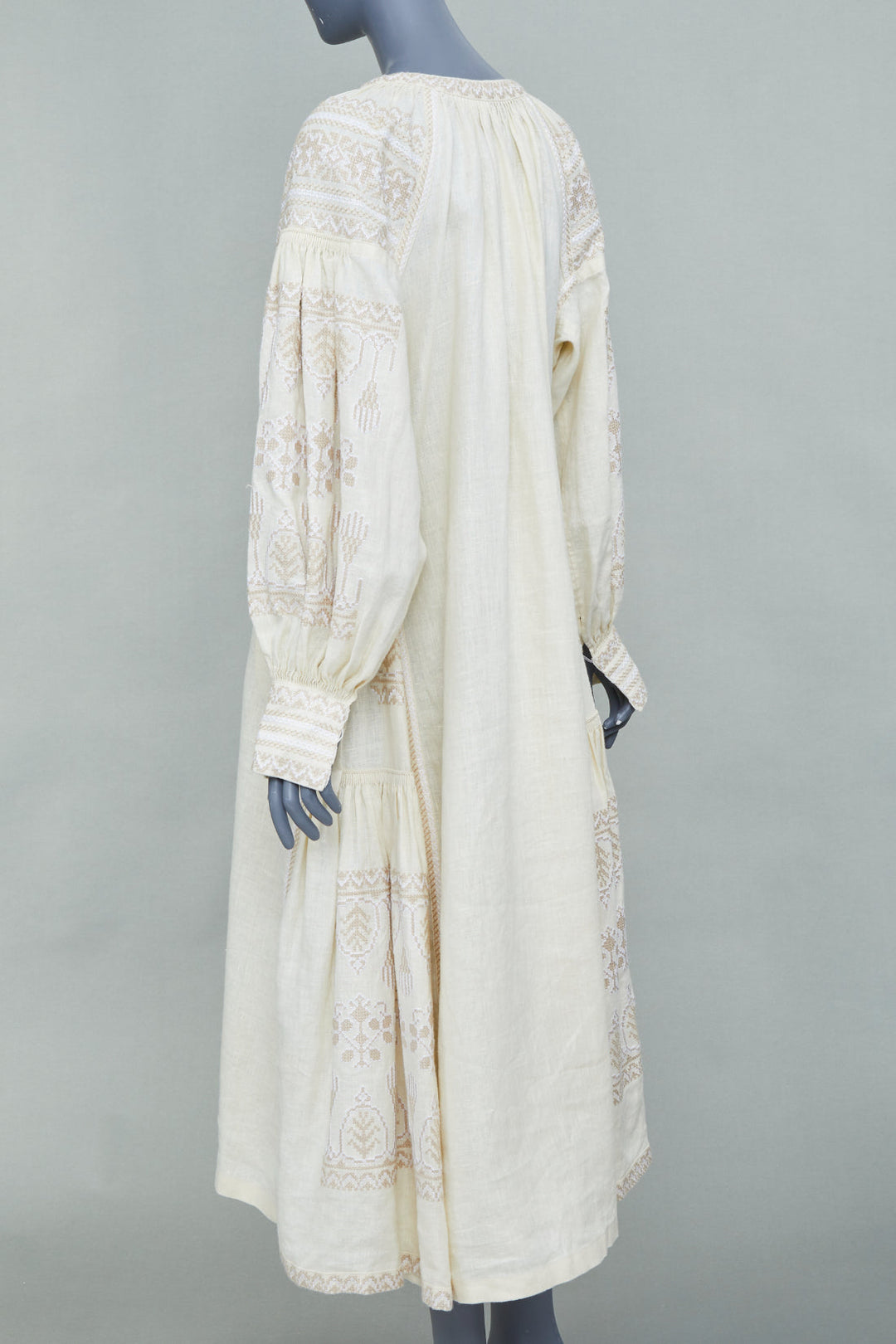 VITA KIN beige embroidered linen tassel crochet midi boho peasant dress SD