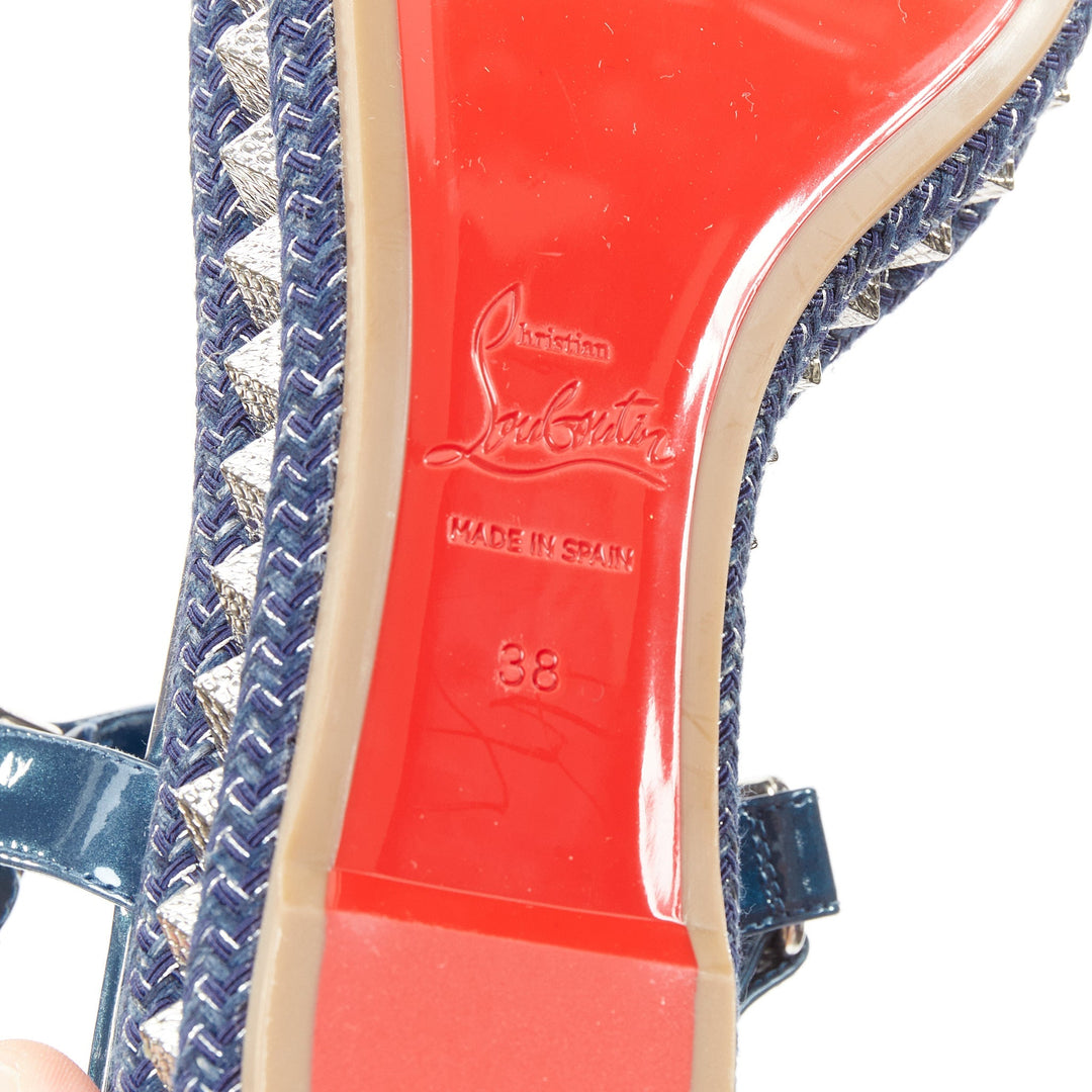 CHRISTIAN LOUBOUTIN Pyraclou 60 denim blue spikes platform wedges EU38