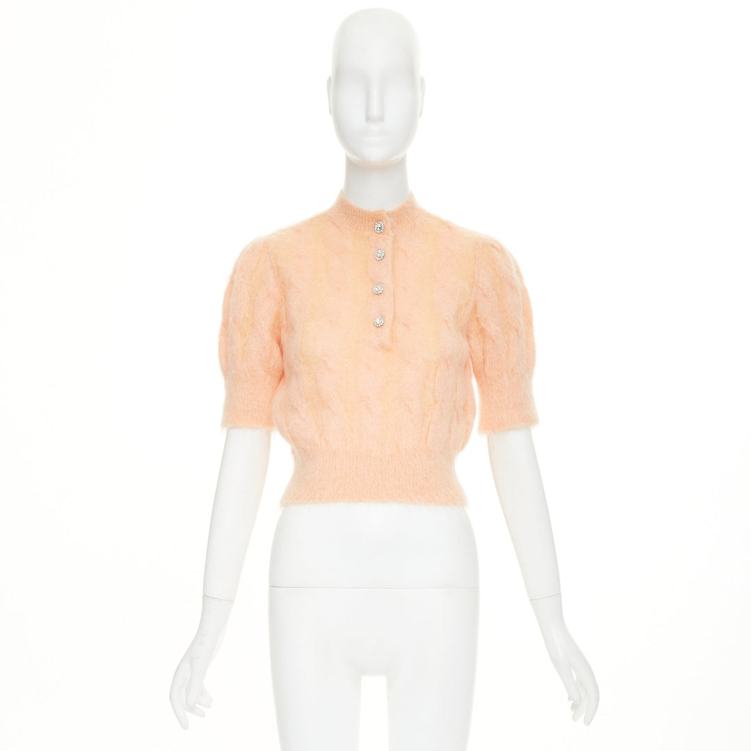 PACO RABANNE coral orange mohair crystal flower puff sleeved cropped pullover S