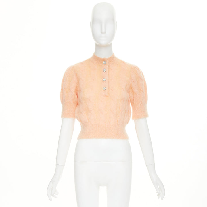 PACO RABANNE coral orange mohair crystal flower puff sleeved cropped pullover S