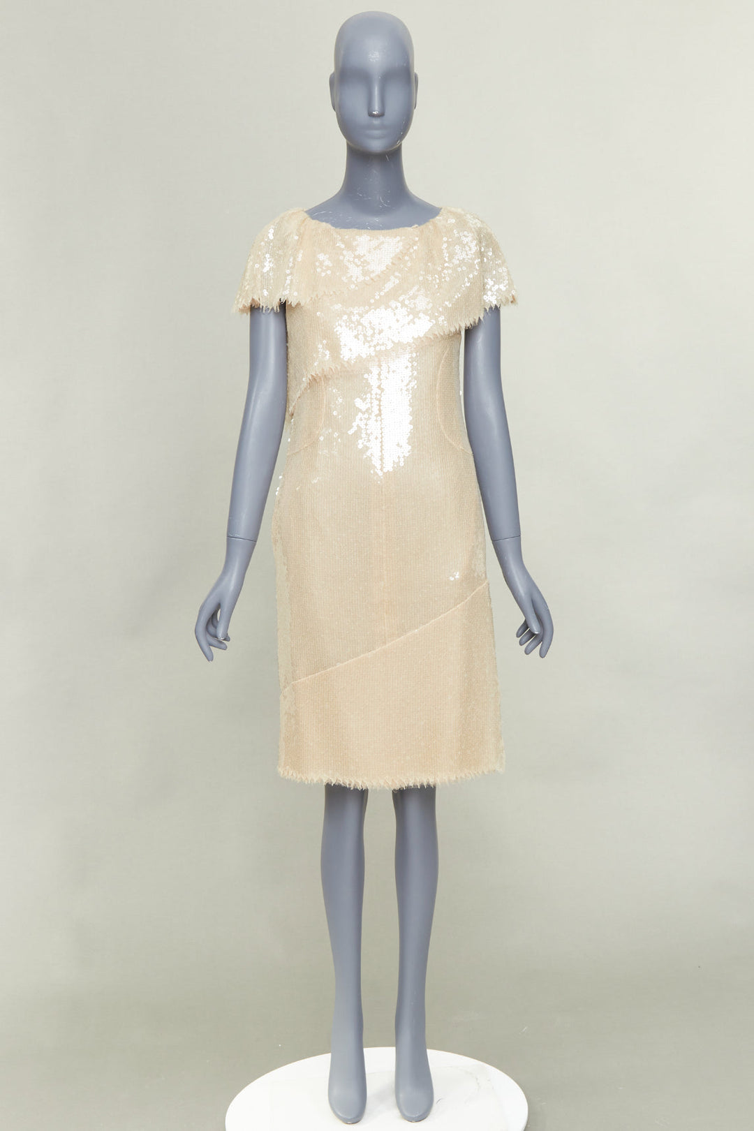 CHANEL Bridal 08P beige sequinned raw edge asymmetric capelet shift dress FR36 S