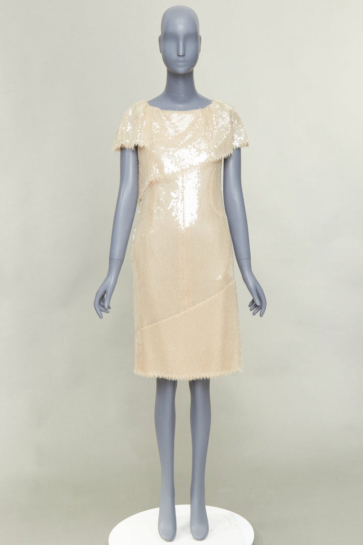 CHANEL Bridal 08P beige sequinned raw edge asymmetric capelet shift dress FR36 S