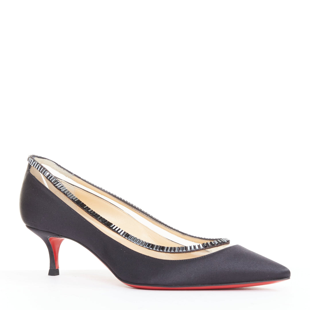 CHRISTIAN LOUBOUTIN Paulina Strass 45 black satin baguette crystal kitten EU37.5