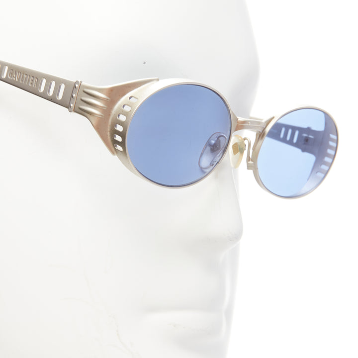 rare JEAN PAUL GAULTIER Vintage 56-6102 silver steam punk blue round sunglasses