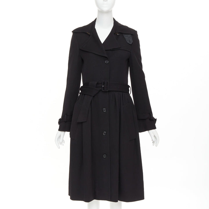 VIKTOR & ROLF black wool twill ruched waist gun flap long trench coat IT38 XS