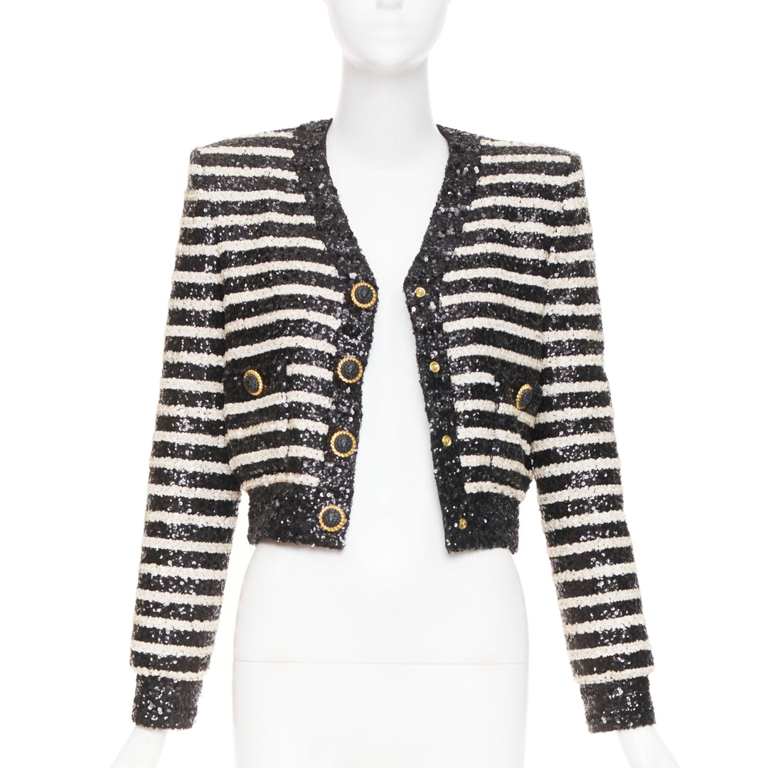 BALMAIN 2024 stripe sequined v neck lion button cropped evening jacket FR34 XS