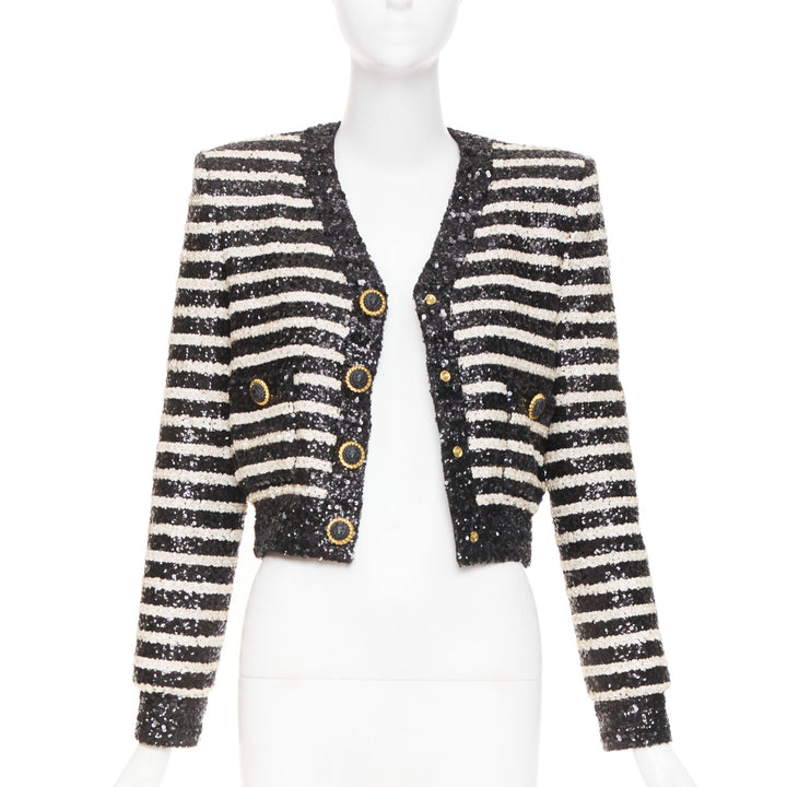 BALMAIN 2024 stripe sequined v neck lion button cropped evening jacket FR34 XS